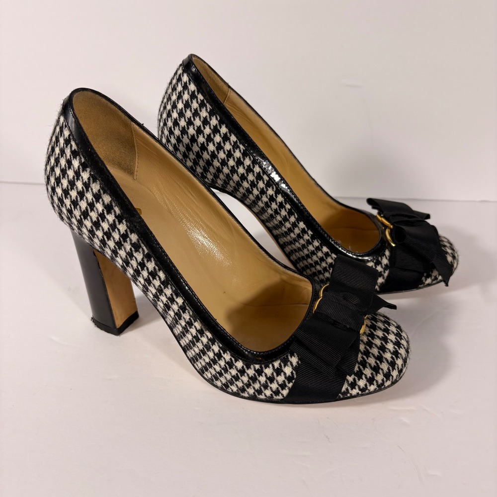Kate Spade Houndstooth Bow Pumps Black White Block Heel Made in Italy Size 6B